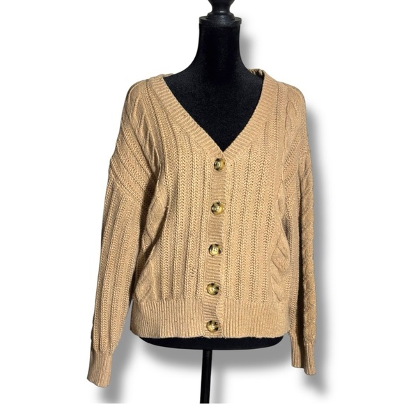cupcakes & cashmere Sweaters - Cupcakes & Cashmere Tan Long Sleeve Button Down Cozy Cable Knit Cardigan